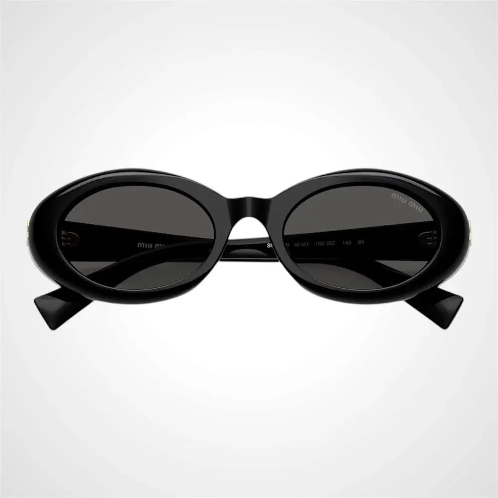 New MIU MIU Sunglasses Black Oval Womens Reverie Gold Grey Lens